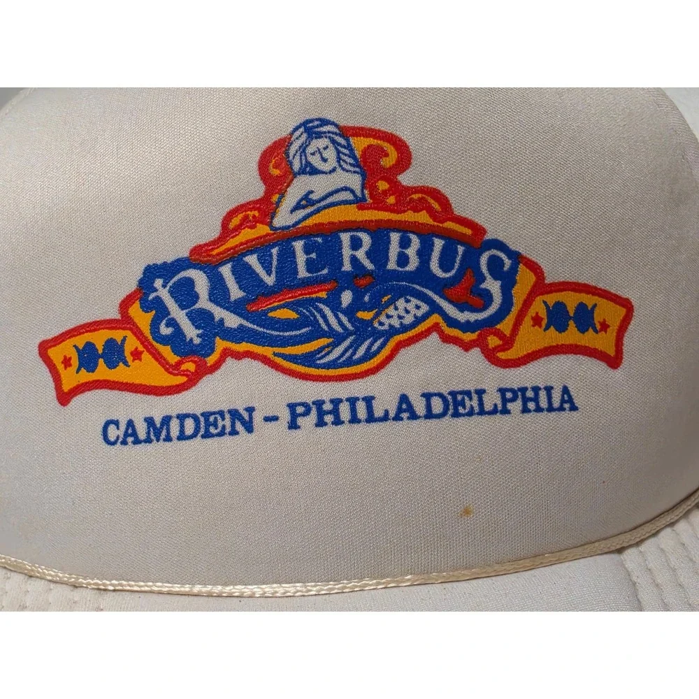 Vintage Riverbus Camden Philadelphia‎ Trucker Hat Snapback Cream Mesh Cap